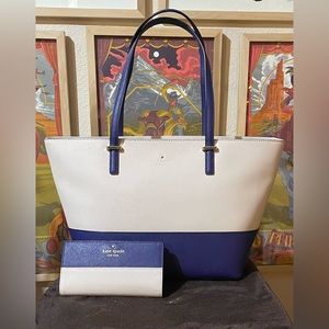 kate spade navy and ivory tote and wallet